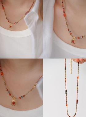 进口捷克珠虎眼石太阳吊坠叠戴锁骨链项链虎眼石红玛瑙串珠项链