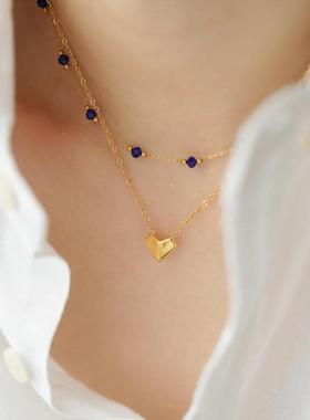 时尚通勤小众水晶石串珠设计感项链爱心吊坠双层叠戴风钛钢骨链