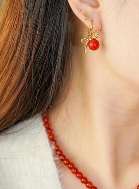 安可拉红蝴蝶结耳钉轻奢耳环小众设计红色玛瑙耳饰项链饰品锁骨链