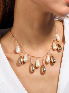 个性复古简约珍珠吊坠短款锁骨链