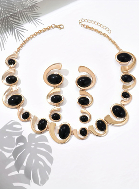 几何形吊坠项链耳钉套装个性潮流