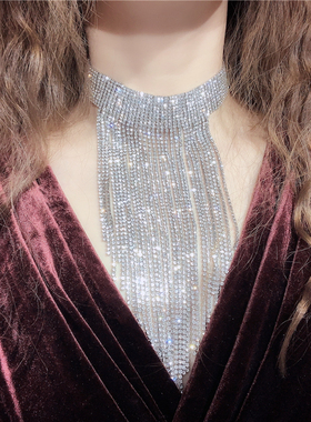 装饰项链网红脖链颈链奢华百搭宴会舞台镶钻闪亮长款流苏毛衣链