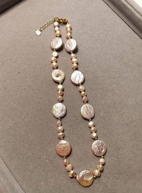 原创设计天然巴洛克淡水珍珠项链精美圆片型粉紫色珍珠彩光高雅