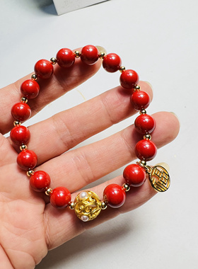 含量最高正红帝王朱砂8mm设计款手串凤羽珍珠球福寿安康本命年