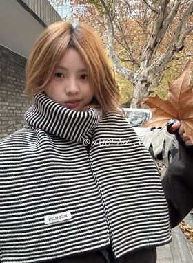 韩系黑杏条纹针织保暖围巾女秋冬