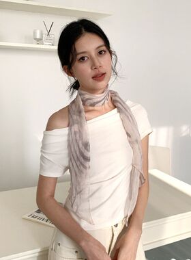 春夏新款丝巾女法式小花长条轻薄乔其纱领巾高级感外搭系腰带装饰
