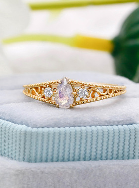 日系复古S925银水滴拉长石戒指