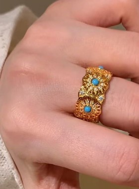 S925纯银中古玫瑰花戒指