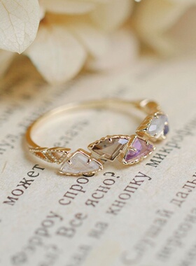 日系复古天然紫晶925银扇形戒指