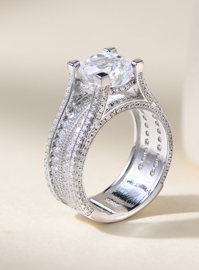 S925纯银5A冰花切锆石满钻戒指