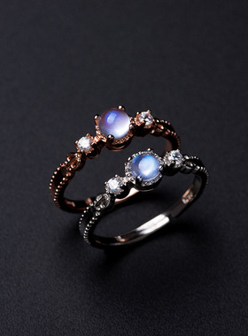 轻奢月光石925银玫瑰金开口戒指