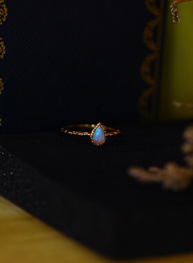 复古欧泊蛋白石水滴925银戒指