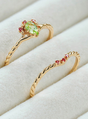 日系复古橄榄石红刚玉套戒