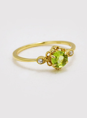 S925银14K镀金橄榄石白锆戒指