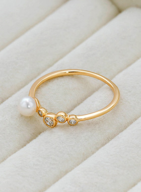 S925银镀14K金珍珠白锆戒指