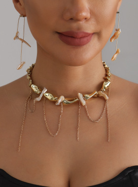 欧美跨境饰品金属感串珠CCB流苏项链女时尚异型贝壳点缀necklace