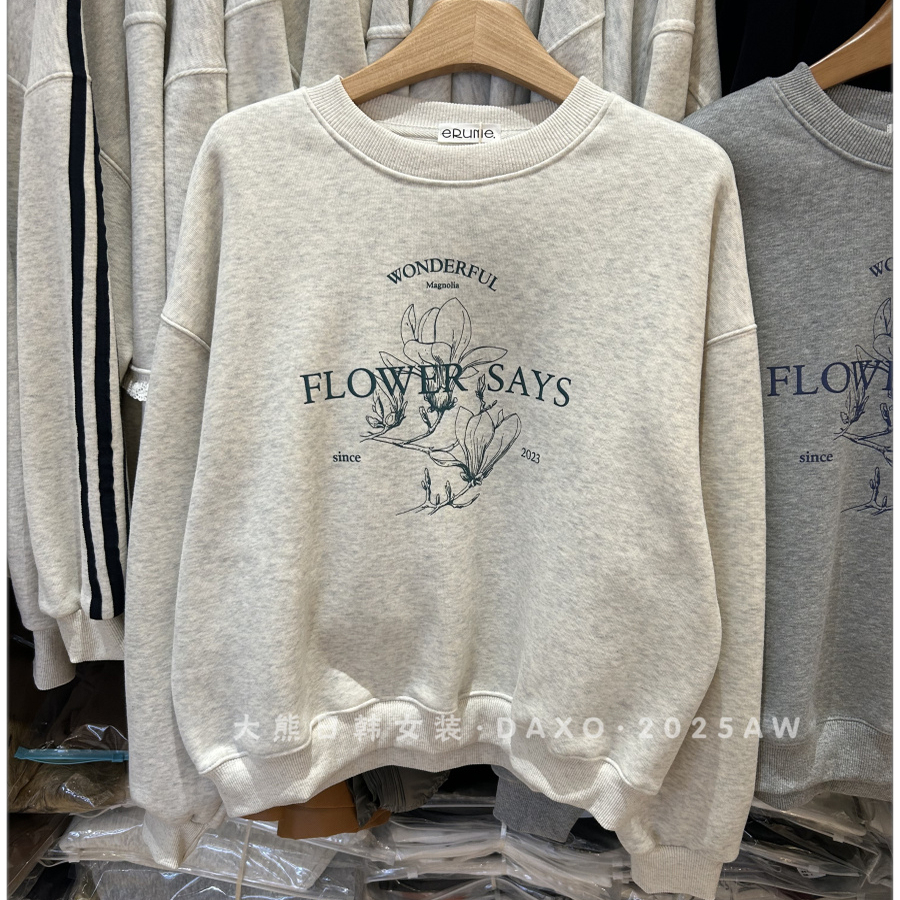 韩国ins风2025秋冬加绒新款圆领卫衣原宿字母花朵印花宽松简约女