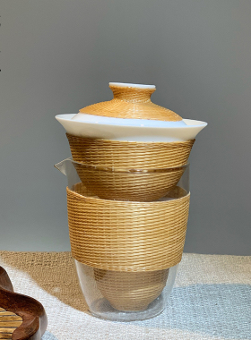 佰艺轩非遗竹丝扣瓷盖碗瓷胎竹编旅行通用茶具套组重竹荷叶茶盘