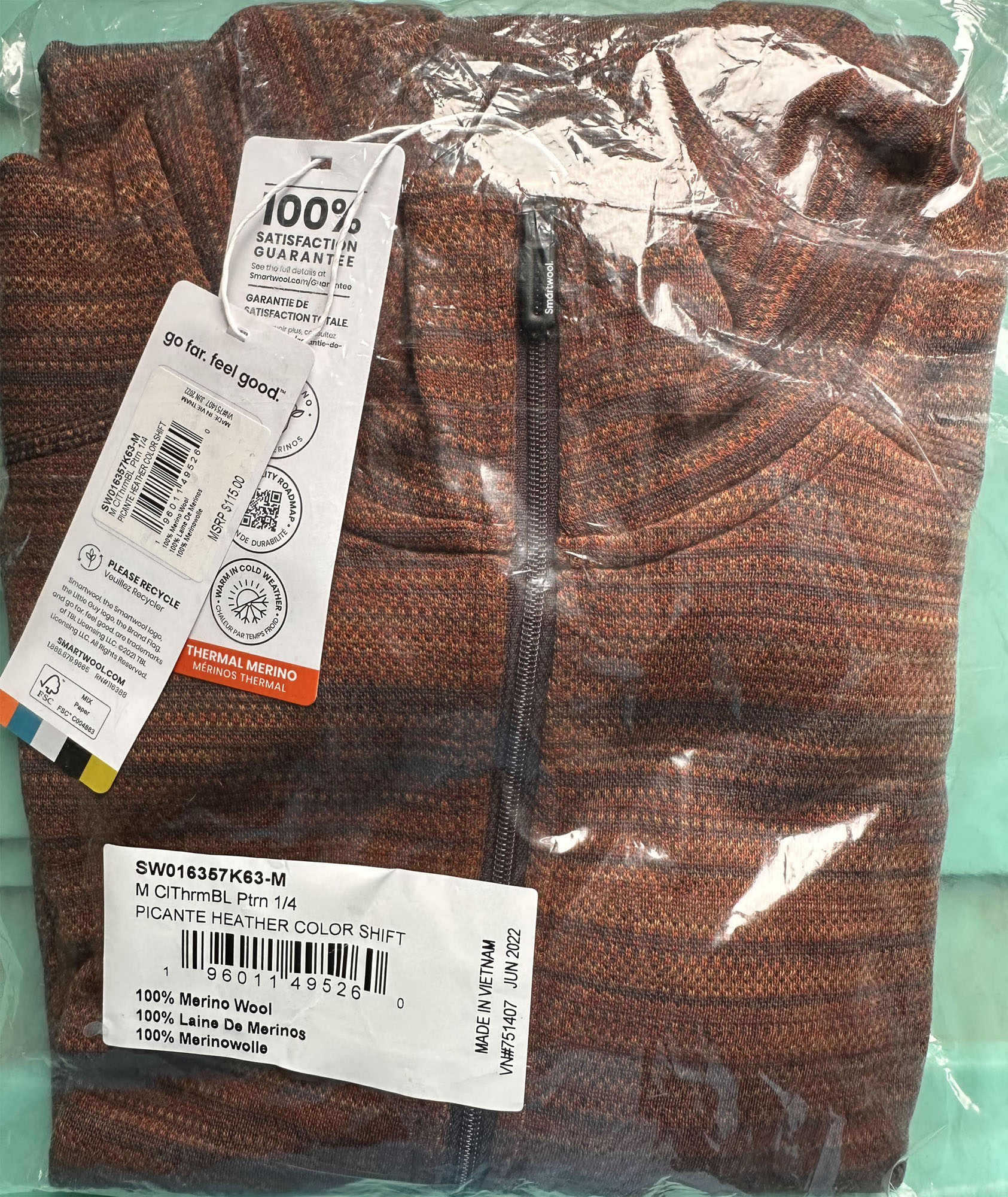 Smartwool Merino Thrm男女250厚拉链领纯美利奴羊毛长袖保暖内衣-图2