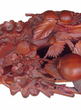 花梨木花鸟寿桃如意风水摆件