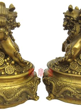 足铜狮咬剑聚宝盆风水摆件