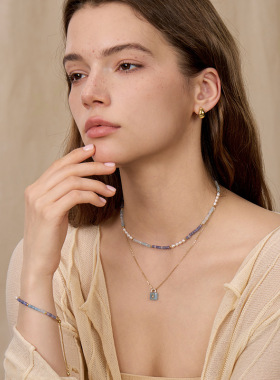 紫霞仙子 天然淡水珍珠项链女不掉色新款百搭多巴胺彩色石锁骨链