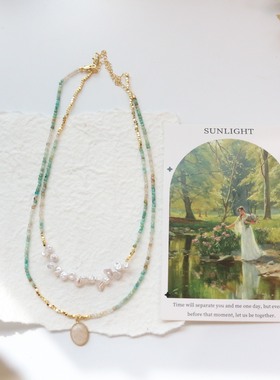 水墨色彩天然天河石渐变工艺再生花瓣珠创意串珠项链铜包18k金