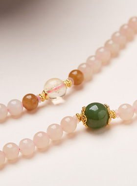 新款6MM三圈藕粉和田玉手链搭配珍珠碧玉复古国潮玉石DIY手串女