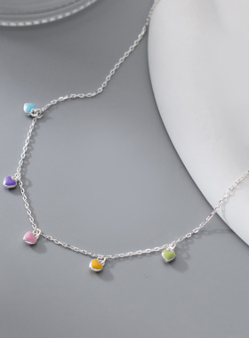 S925纯银小清新彩色爱心项链甜美少女心精致颈饰品甜美俏皮多巴胺