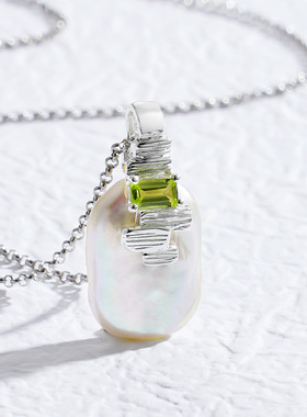 新品小众设计ins简约高级优雅百搭不规则镶嵌橄榄石天然珍珠吊坠