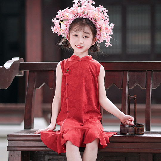 叙罗儿童旗袍夏季无袖中国风连衣裙女童红色小旗袍改良新中式礼服