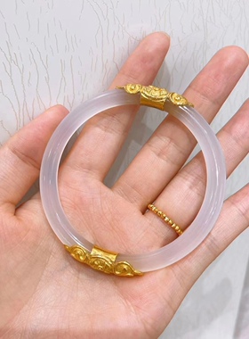 母亲节白玉髓24k纯金手镯手工錾刻 可定制 也可手镯送来加工