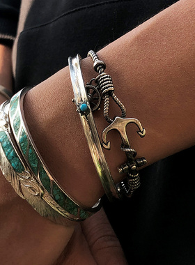 原创手工锤纹纯银拼24k纯黄金手镯情侣对戒见日之光圣诞节礼物男