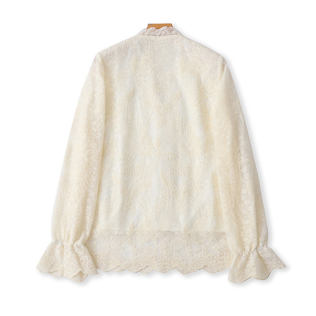 ການຖັກແສ່ວຫນັກ V Neck Lace Shirt ແຂນຍາວປຸ່ມ