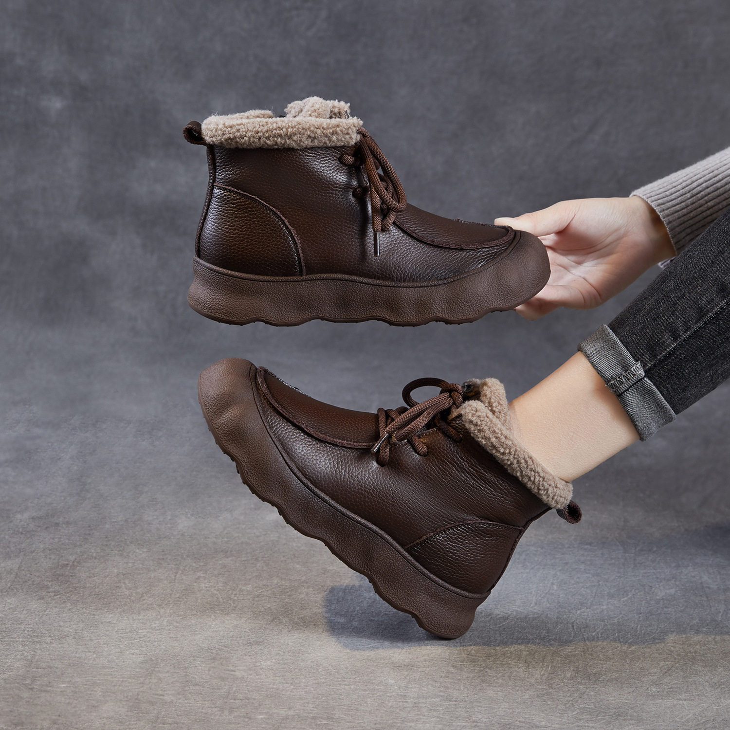 头层牛皮雪地靴女加绒加厚软底短靴2025冬新款真皮复古高帮鞋棉靴,淘宝优惠券,粉丝福利购,淘宝优惠卷