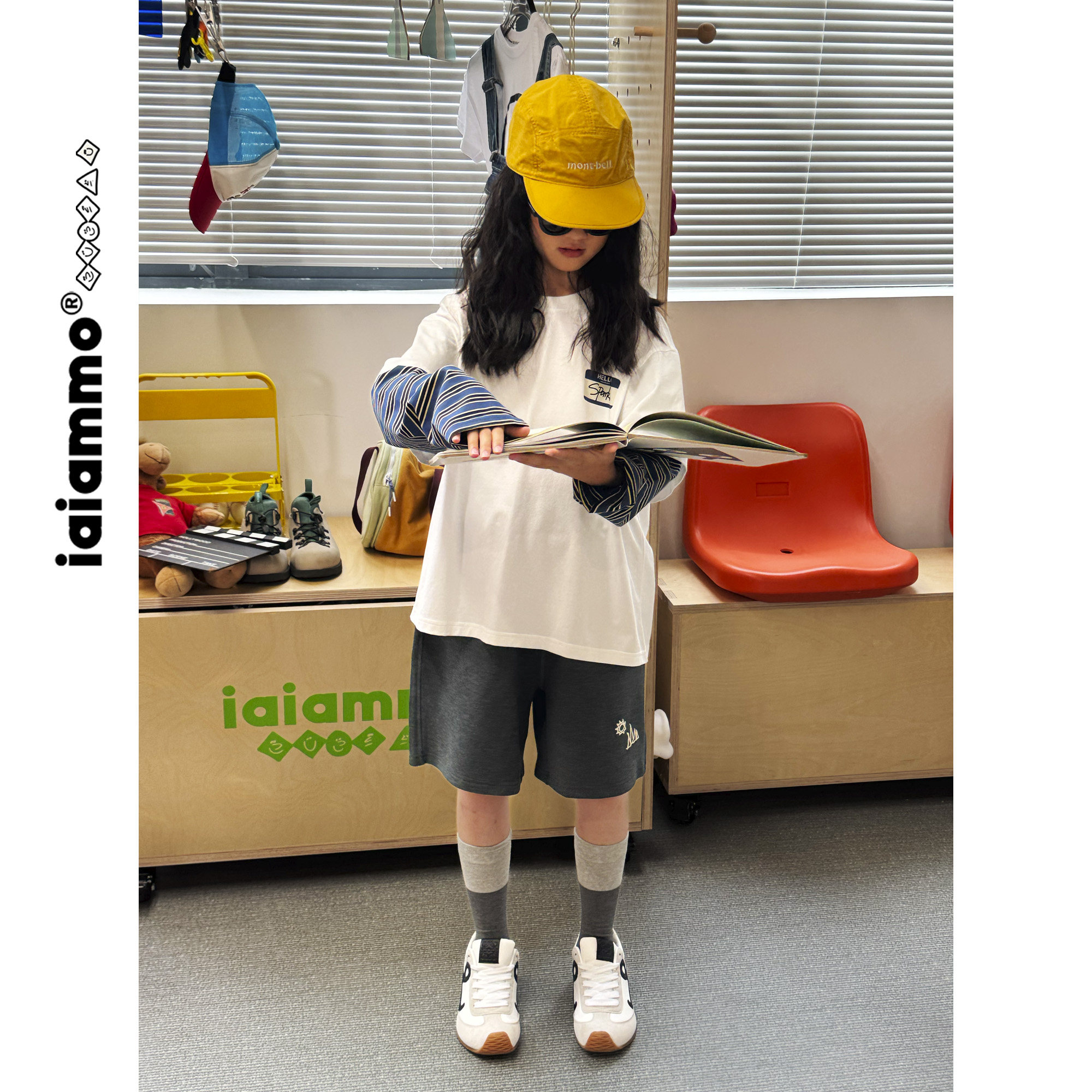 iaiammo丨原创设计25秋铭牌条纹拼袖假两件韩版男女中大童装长T恤,淘宝优惠券,粉丝福利购,淘宝优惠卷