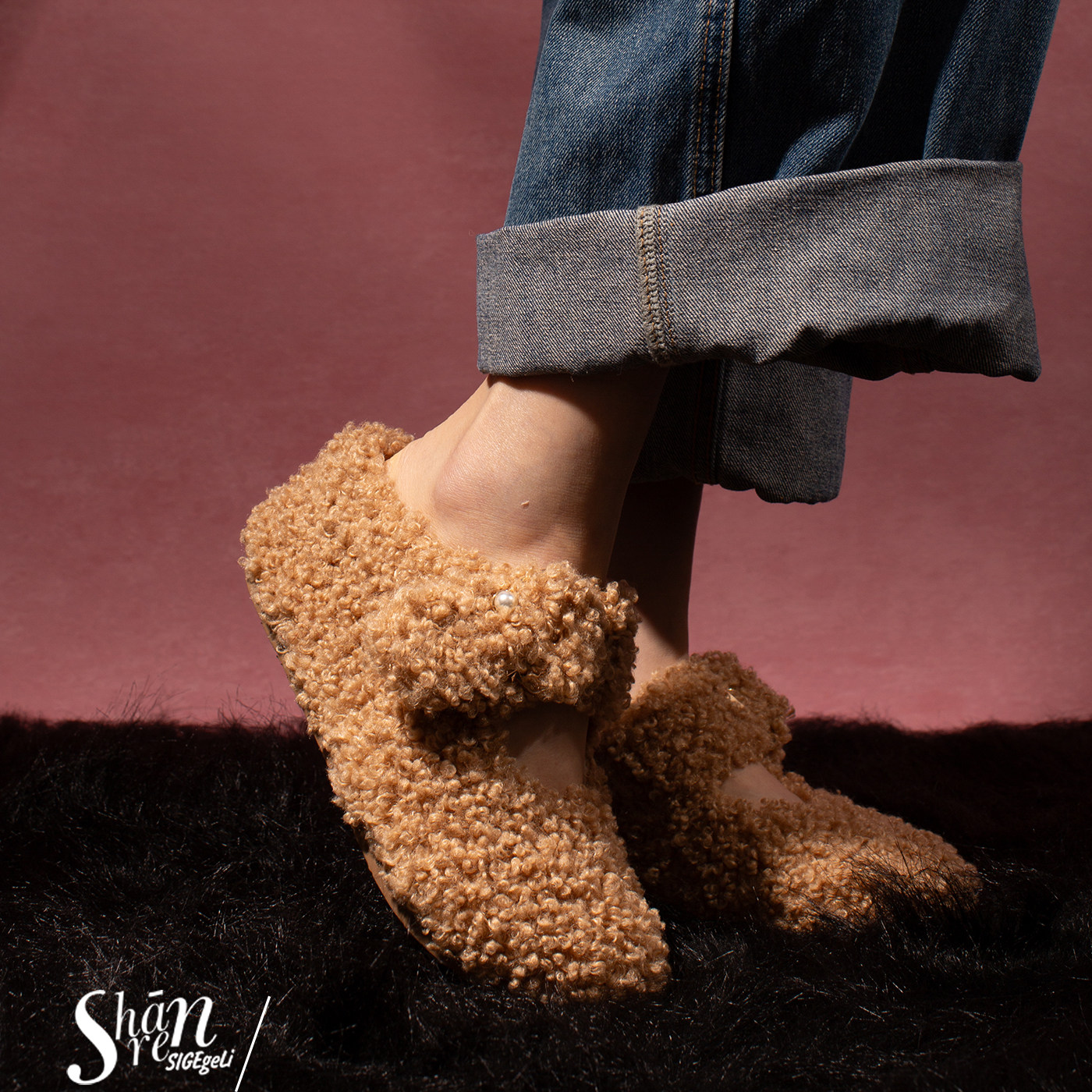 ShānRen内增高7.0CM羊卷毛博肯鞋 加绒款包头半拖鞋女外穿毛毛鞋,淘宝优惠券,粉丝福利购,淘宝优惠卷