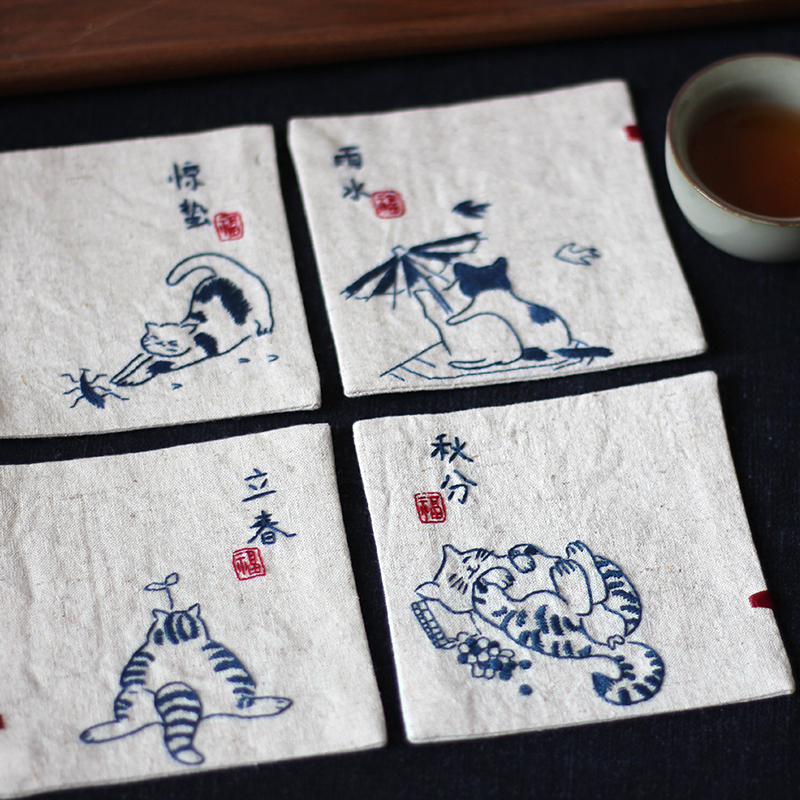 24节气杯垫 中国古风手工刺绣棉麻隔热茶席杯托diy材料包┇吸猫记,淘宝优惠券,粉丝福利购,淘宝优惠卷