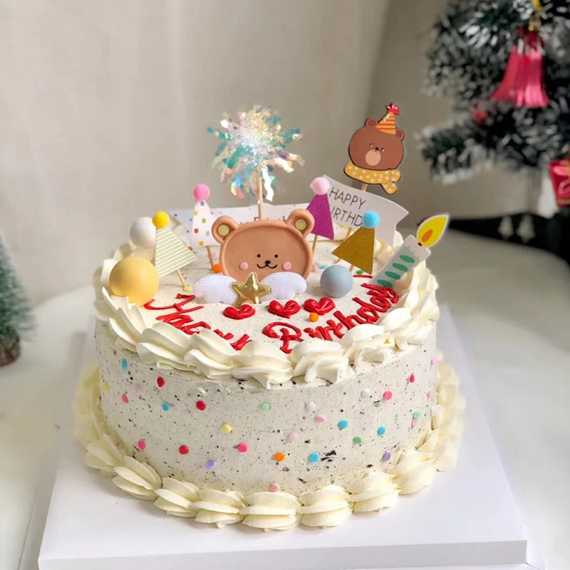 ins风小熊蛋糕摆件卡通儿童创意生日熊头彩色气球生日帽插件配件 - 图2