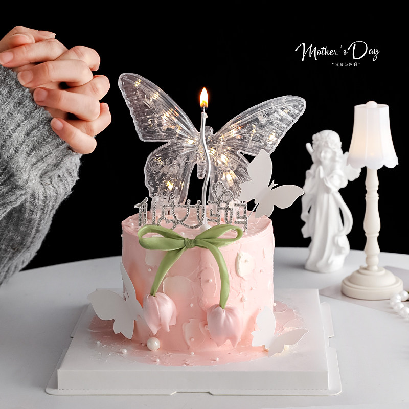 2025母亲节蛋糕装饰发光蝴蝶灯摆件郁金香花苞水钻仙女妈妈插件,淘宝优惠券,粉丝福利购,淘宝优惠卷