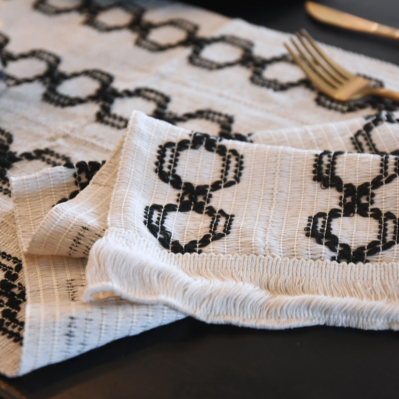 北欧黑白全棉线编织流苏桌旗摩洛哥电视柜长条装饰ins布艺高级感,淘宝优惠券,粉丝福利购,淘宝优惠卷