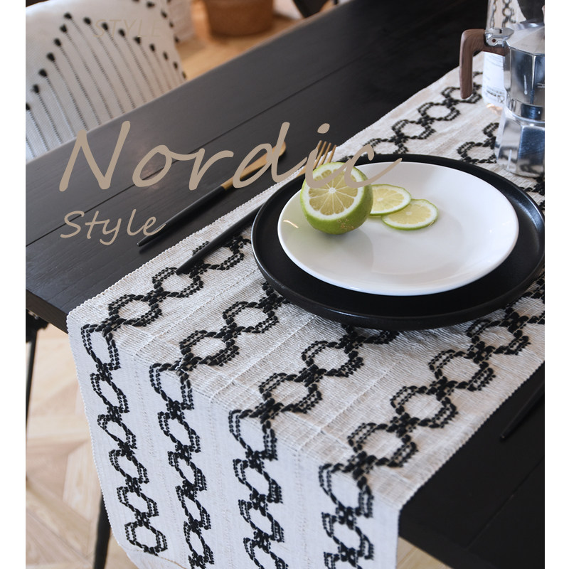 北欧黑白全棉线编织流苏桌旗摩洛哥电视柜长条装饰ins布艺高级感,淘宝优惠券,粉丝福利购,淘宝优惠卷