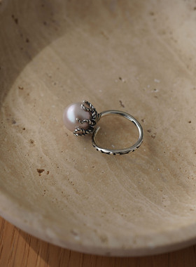 睡莲生生世世 原创设计定制天然珍珠925纯银戒指复古可调节指环