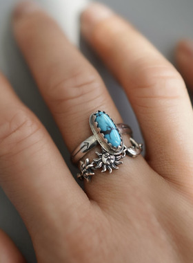 睡莲生生世世 925纯银绿松石戒指复古阿美咔叽风格指环 一物一款