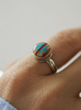 睡莲生生世世 925纯银拼石戒指阿美咔叽风格小众复古个性指环