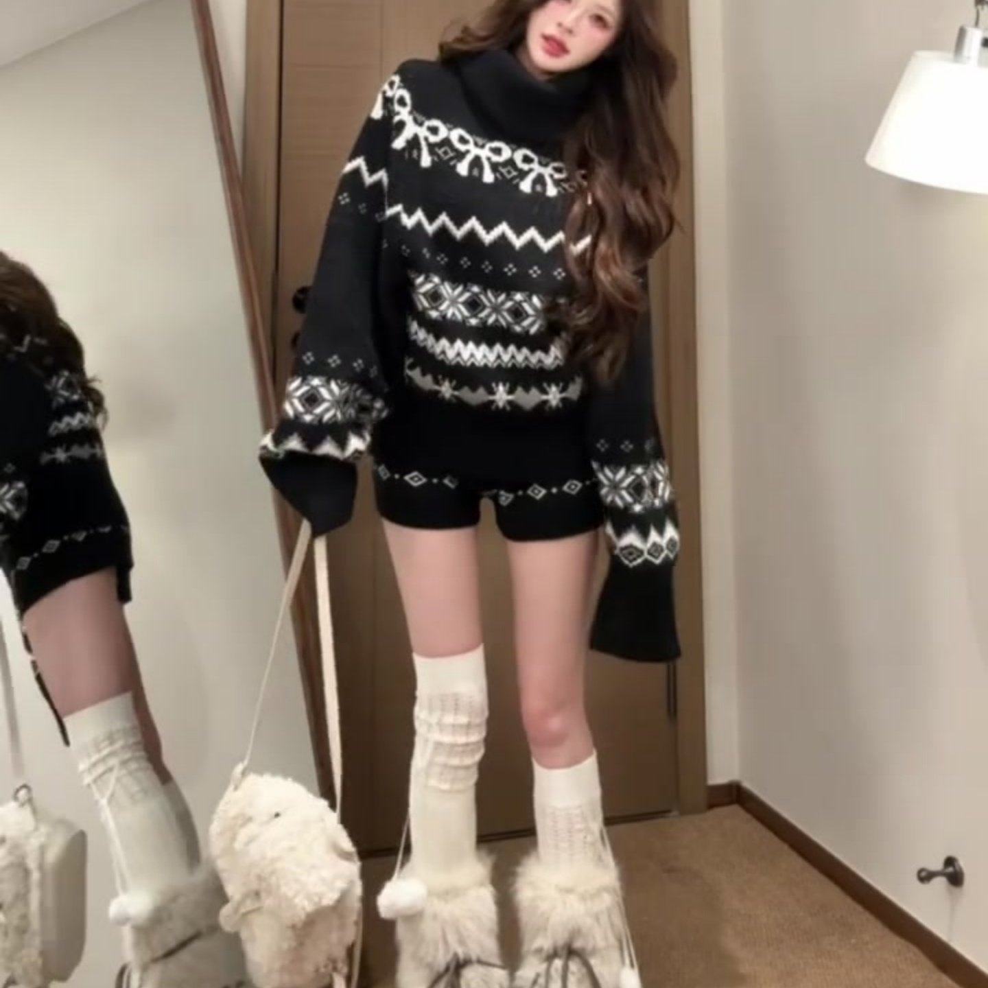 费尔岛套装女秋冬季小个子黑色加厚高领针织毛衣休闲短裤子两件套,淘宝优惠券,粉丝福利购,淘宝优惠卷