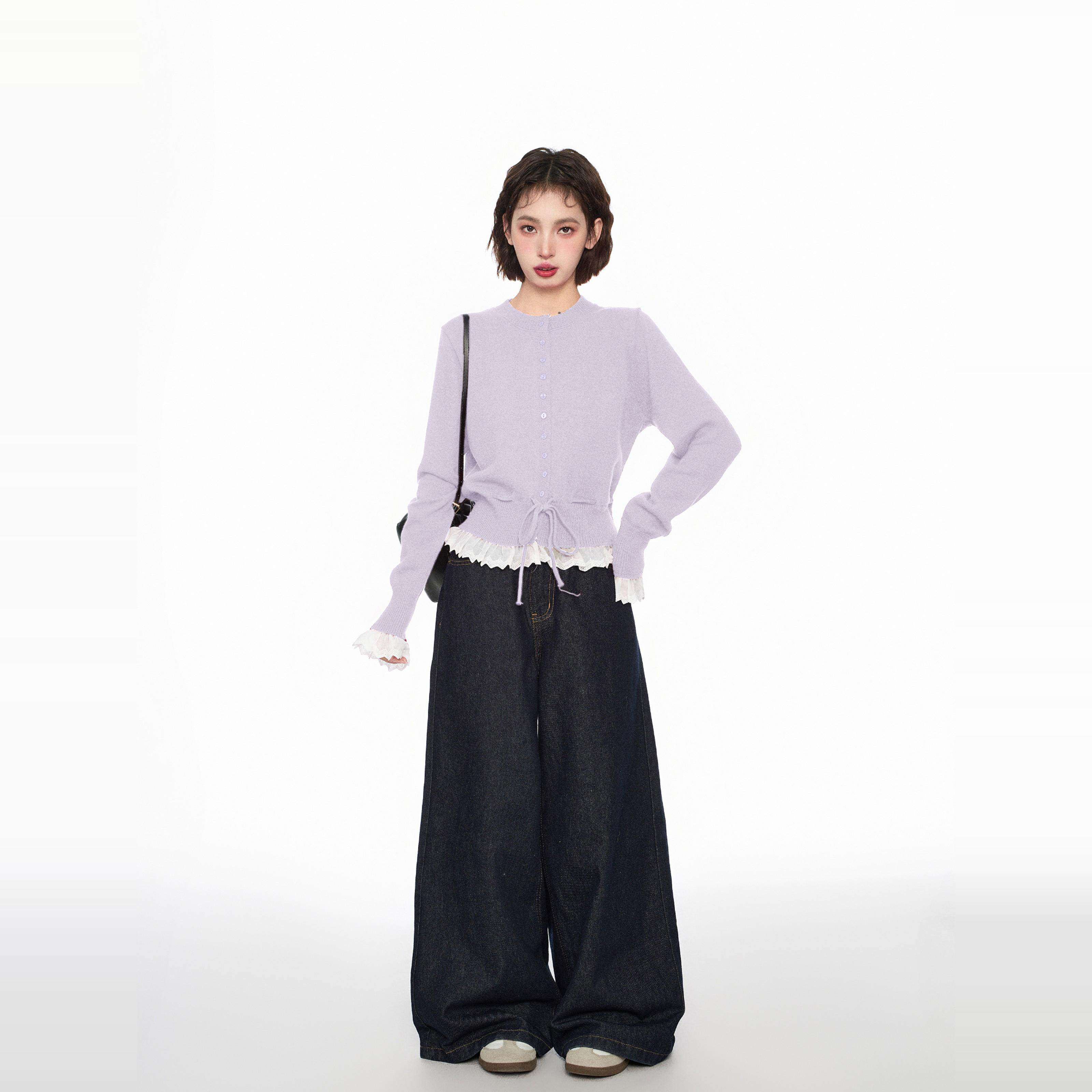 淡紫色假两件蕾丝针织开衫女秋冬设计感收腰毛衣外套短款上衣秋季,淘宝优惠券,粉丝福利购,淘宝优惠卷