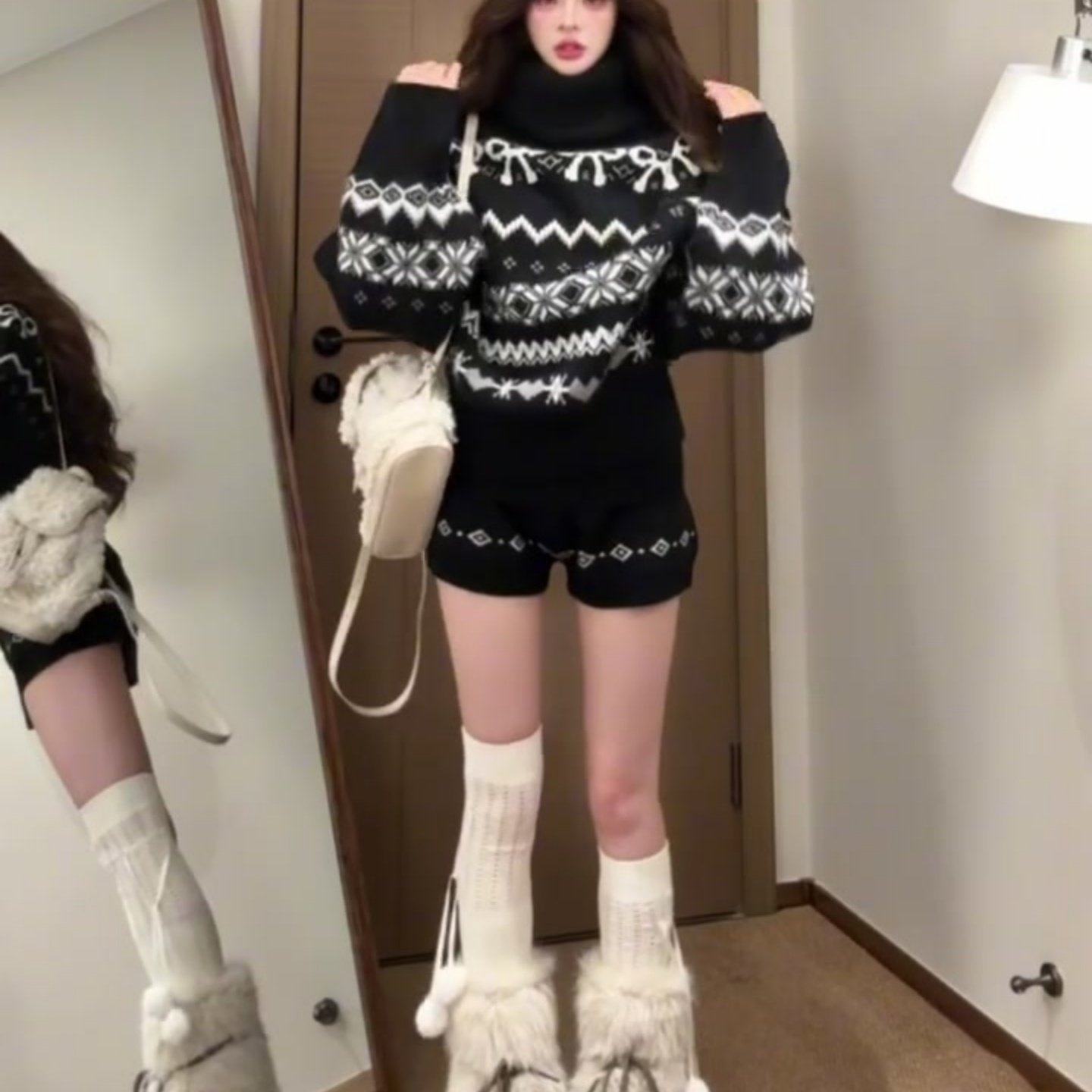 费尔岛套装女秋冬季小个子黑色加厚高领针织毛衣休闲短裤子两件套,淘宝优惠券,粉丝福利购,淘宝优惠卷
