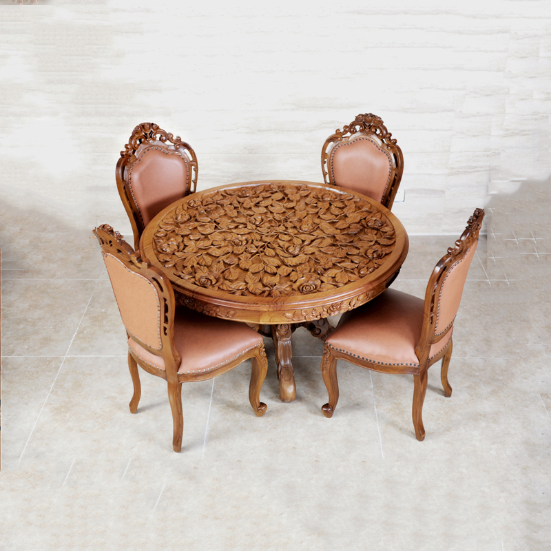 Emperor Pomelo Roses Full Teak Carved Golden Wood Emperor Pomelo Roses Full Teak Carved Golden Wood Dining Table Round