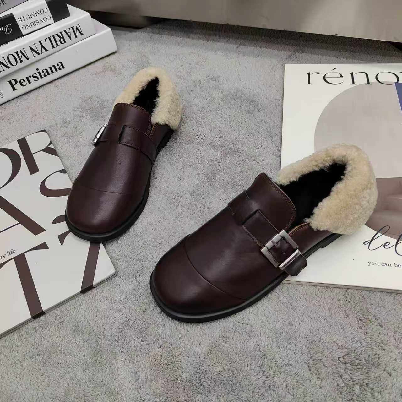 英伦风小皮鞋女2025冬季新款头层牛皮纯羊毛平底舒适加绒乐福鞋女,淘宝优惠券,粉丝福利购,淘宝优惠卷